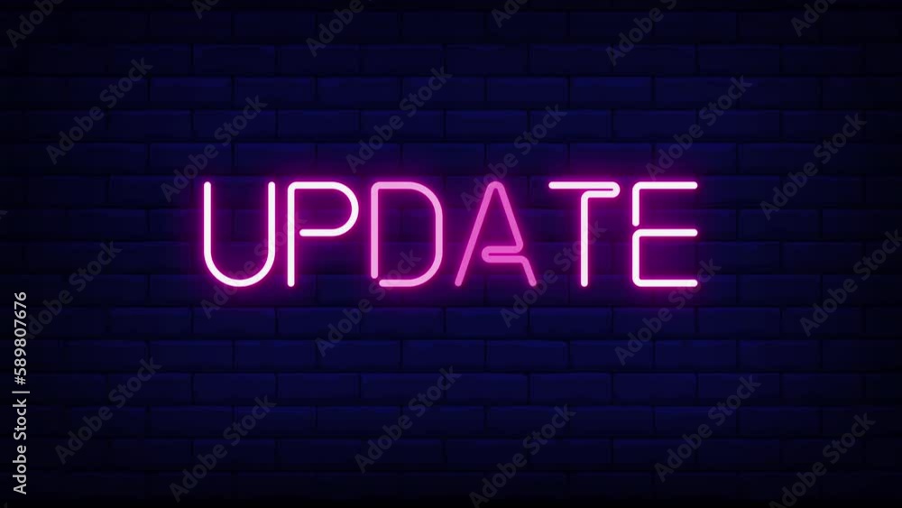 Poster update neon light text on brick wall background motion animation. glowing large text concept looping