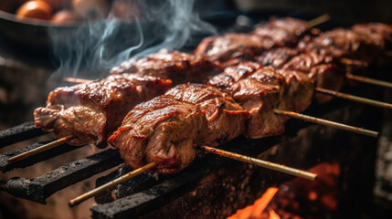 kebab meat on skewers in front of the grill - obrazy, fototapety, plakaty