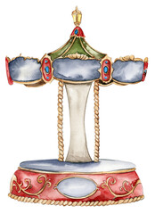 Watercolor illustration of a carousel vintage style. Perfect for wedding, invitations, blogs, card templates, birthday and baby cards, patterns, quotes. isolater on white background.Cute circus animal © Leila