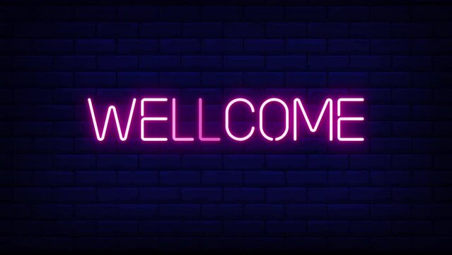 wellcome neon light text on brick wall background motion animation. Glowing large text concept looping animation.