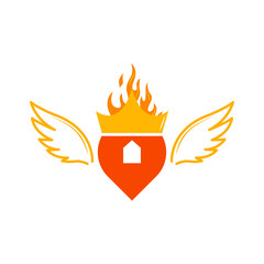 location icon with a home icon inside and a gold crown with fire on its head.
