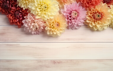 Colorful dahlia flowers on wooden background. Top view with copy space. Generative AI