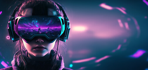 Teenage girl using virtual reality glasses to play video games in the Metaverse. Kid with VR device and digital elements around her head. Generative ai