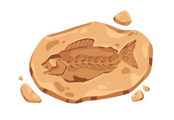 Ancient fish silhouette, imprint on fossil stone. Archeology art, old rock with organic fossilized footprint, trace. Prehistoric remains. Flat cartoon vector illustration isolated on white background