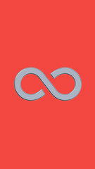 The sign of infinity is silver, isolated on a red background. Symbol of infinity. 3D image. 3D rendering. Horizontal image.