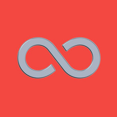 The sign of infinity is silver, isolated on a red background. Symbol of infinity. 3D image. 3D rendering. Horizontal image.