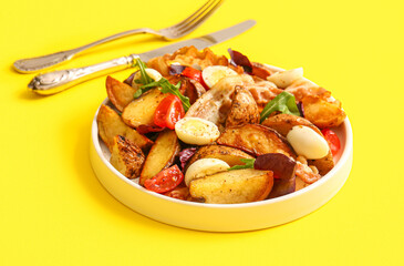 Plate of tasty potato salad with eggs, tomatoes and bacon on yellow background