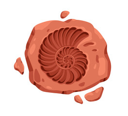 Ammonite, fossil rock with spiral sea shell imprint. Archeology prehistoric art on stone with fossilized natural footprint of seashell. Flat cartoon vector illustration isolated on white background © Good Studio