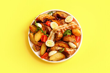 Plate of tasty potato salad with eggs, tomatoes and bacon on yellow background, top view
