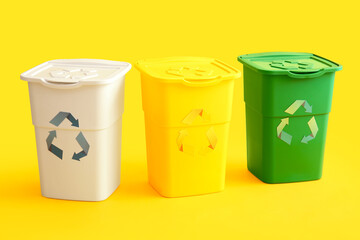 Containers for garbage on yellow background. Recycling concept