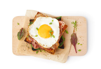 Delicious sandwich with fried egg and bacon on white background