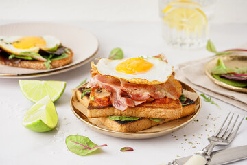 Delicious sandwich with fried egg and bacon on light background