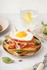 Delicious sandwich with fried egg and bacon on light background