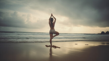 Fototapeta na wymiar Woman practicing yoga at seashore. Generative AI