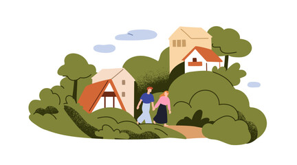 Couple walking outdoors among green trees and houses in suburbs. Man and woman strolling in suburban nature landscape in summer. Flat graphic vector illustration isolated on white background © Good Studio