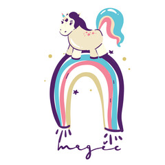 Catcorn. Lovely cartoon cat unicorn face and lettering text on white background. Cute vector for clothing print and children t-shirt for girl