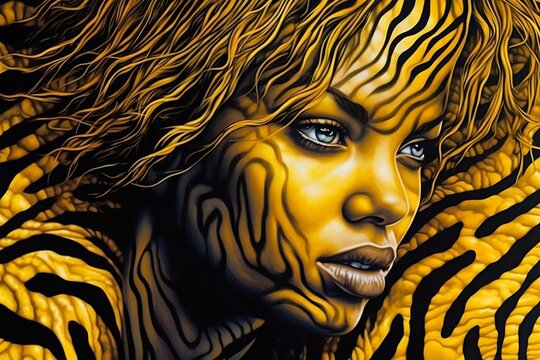 Fototapeta an abstract of woman painting featuring black and yellow, optical illusion body art. generative AI