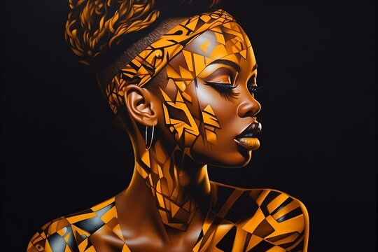 Fototapeta an abstract of woman painting featuring black and yellow, optical illusion body art. generative AI