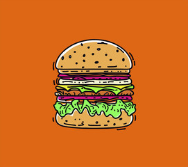 Cute burger hand drawn style, hand drawn burger food vector illustration design