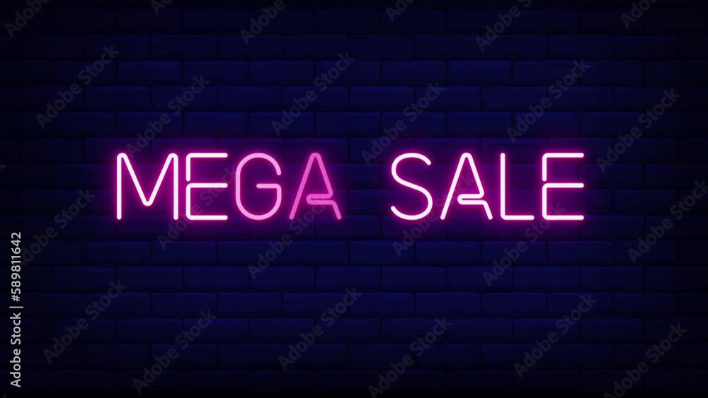 Poster mega sale neon light text on brick wall background motion animation. glowing large text concept loop