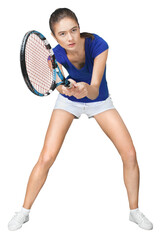 Young woman tennis player  carrying her racquet isolated on white