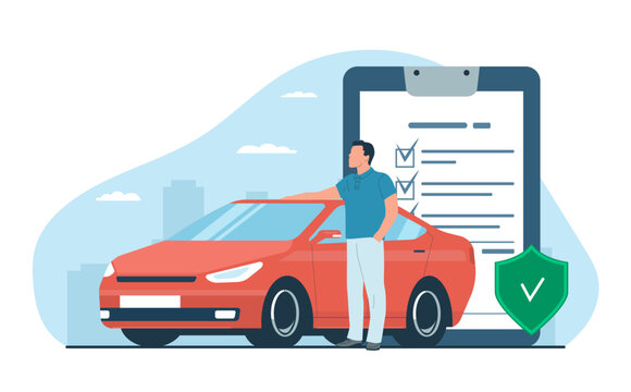 The man put his hand on the roof of his car and looks ahead with confidence as he has an insurance policy. Car insurance concept. Vector illustration.