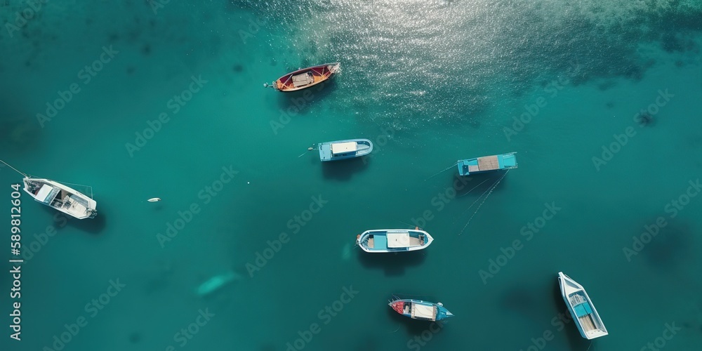 Poster top view of the sea with boats on the water.colorful summer template. concept of recreation. generat