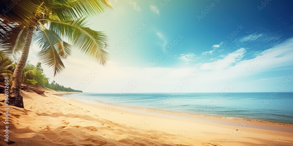 Poster Summer landscape background with palm tree and sea.Colorful summer template. Concept of recreation. Generative AI