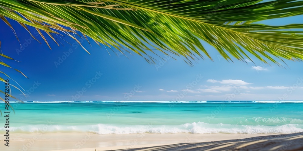 Poster summer landscape background with palm tree and sea.colorful summer template. concept of recreation. 