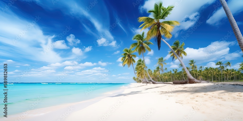 Poster Summer landscape background with palm tree and sea.Colorful summer template. Concept of recreation. Generative AI