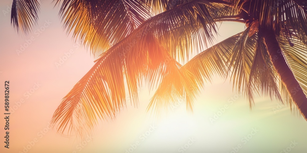 Poster summer landscape of palm trees and sky in retro style.colorful summer template. concept of recreatio