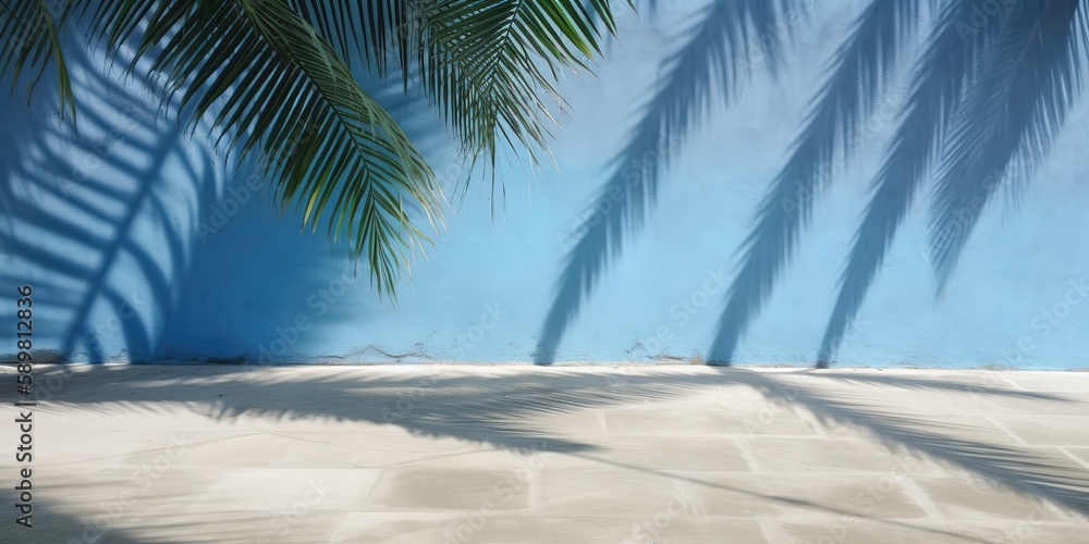 Aufkleber the shadow of palm leaves on the wall.colorful summer template. concept of recreation. generative ai