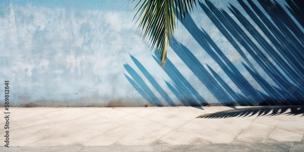 Poster the shadow of palm leaves on the wall.colorful summer template. concept of recreation. generative ai