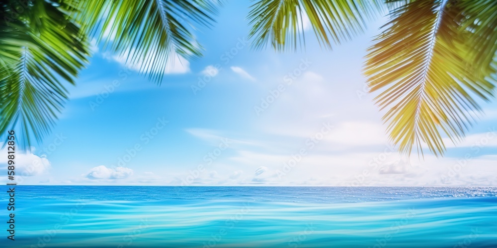 Poster summer landscape background with palm tree and sea.colorful summer template. concept of recreation. 