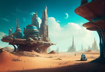 From the future Cityscape Sci-Fi, Fantasy, Historic landscape ai generated for kids books, paintings, sale banners,. Generative AI