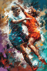 Obraz na płótnie Canvas This dynamic oil painting, created by artificial intelligence, captures the intensity and excitement of a soccer match in bold, expressive strokes. image created with generative AI.