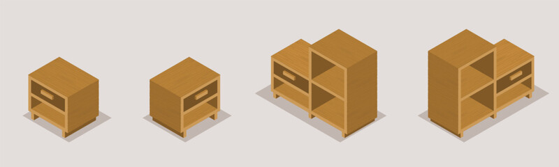 Vector isometric wooden home furniture set. Domestic furniture and equipment. set of wooden cabinets. old vintage bookshelf, wooden chairs and table.
