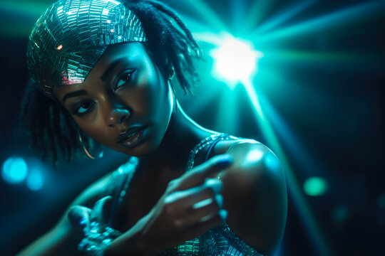 Beautiful black future cosmic party girl in silver space costume dance in the dark night club of space disco, blue and green turquoise spotlight, generative ai