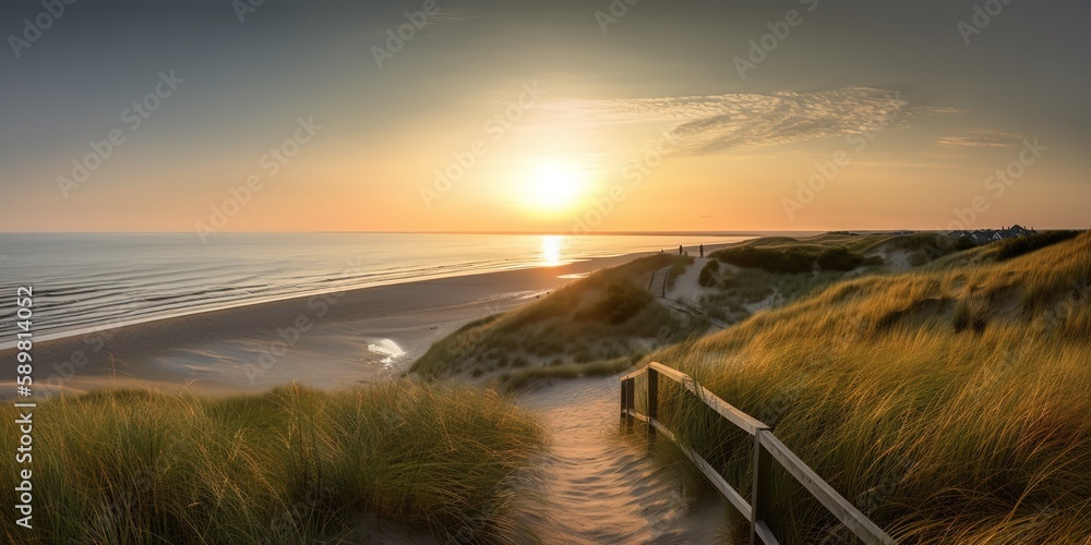 Poster sunset on the seashore.colorful summer template. concept of recreation. generative ai