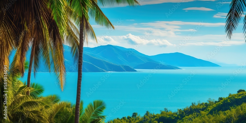 Poster summer picture of the sun's rays breaking through the leaves of a palm tree.colorful summer template