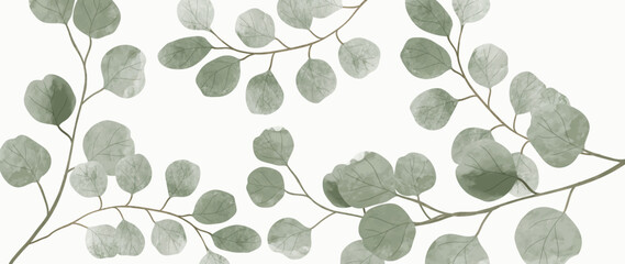 Abstract watercolor leaf background vector. Natural botanical eucalyptus leaf branch with watercolor texture. Design illustration for decoration, wall decor, wallpaper, cover, banner, poster, card. © TWINS DESIGN STUDIO