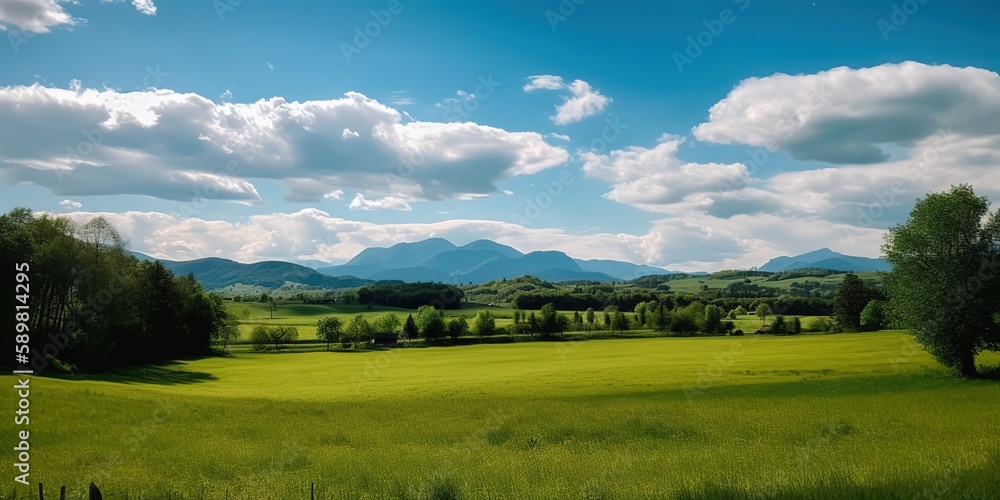 Poster a green field on a sunny day.colorful summer template. concept of recreation. generative ai