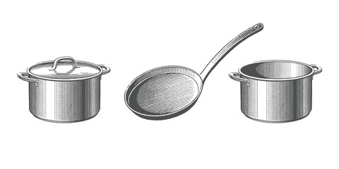 Metal pots with top and frying pan. Cookbook etching. Household equipment. Hand drawn engraving style vector illustration.