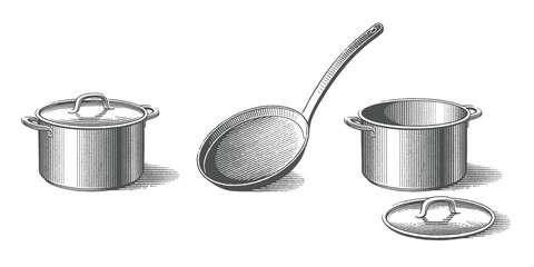 Metal pots with top and frying pan. Cookbook etching. Household equipment. Hand drawn engraving style vector illustration.
