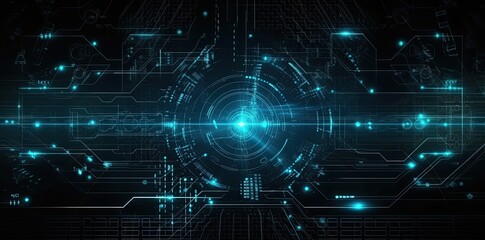 Obraz premium modern technology circle background or abstract image, in the style of rtx on, blueprint, circuitry, lens flare, light navy and sky-blue, Illustration Generative AI