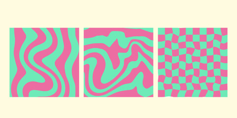 Groovy wave  patterns chess, mesh. Set of vector backgrounds in trendy retro trippy y2k style. Pink and green colors. hippie  design.