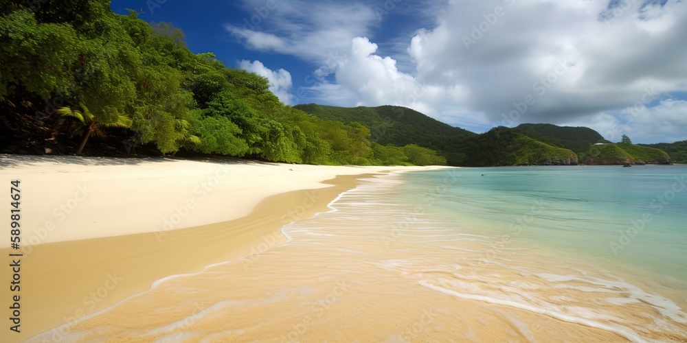 Poster summer landscape of a sunny day on the beach with waves from the sea.colorful summer template. conce
