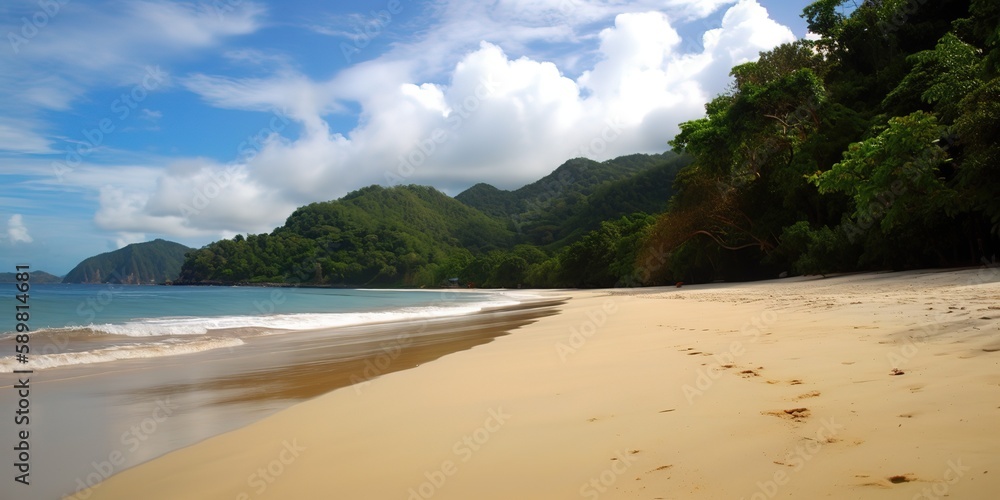 Poster summer landscape of a sunny day on the beach with waves from the sea.colorful summer template. conce