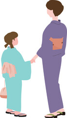 Obraz premium 手をつなぐ浴衣姿の母と娘 後ろ姿のイラスト