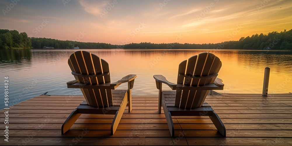 Poster chairs for relaxing on the riverbank.colorful summer template. concept of recreation. generative ai
